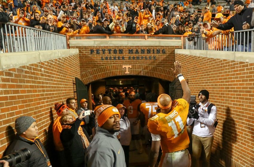 Nov 19, 2016; Knoxville, TN, USA; Tennessee Volunteers quarterback Joshua Dobbs (11) after the game against the Missouri Tigers at Neyland Stadium. Tennessee won 63 to 37. Mandatory Credit: Randy Sartin-USA TODAY Sports