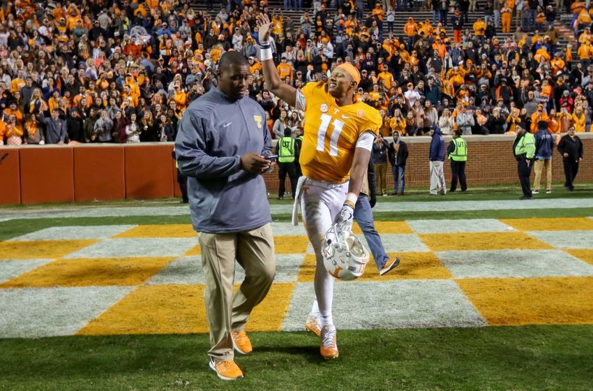 Nov 19, 2016; Knoxville, TN, USA; Tennessee Volunteers quarterback Joshua Dobbs (11) after the game against the Missouri Tigers at Neyland Stadium. Tennessee won 63 to 37. Mandatory Credit: Randy Sartin-USA TODAY Sports