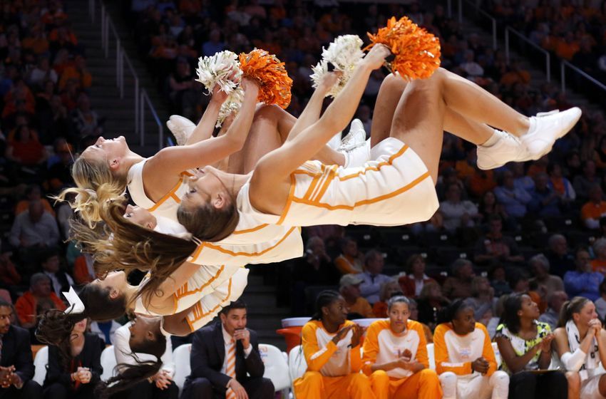 Jan 6, 2016; Knoxville, TN, USA; the Tennessee Lady Volunteers cheerleaders perform during the second quarter against the Florida Gators at Thompson-Boling Arena. Florida won 74 to 66. Mandatory Credit: Randy Sartin-USA TODAY Sports
