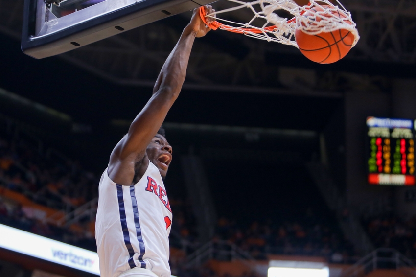 Mar 5, 2016; Knoxville, TN, USA; Mississippi Rebels guard Terence Davis (3) dunks the ball against the Tennessee Volunteers during the second half at Thompson-Boling Arena. The Rebels won 83 to 60. Mandatory Credit: Randy Sartin-USA TODAY Sports