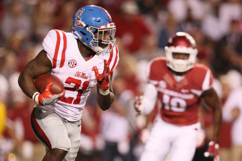 Oct 15, 2016; Fayetteville, AR, USA; Ole Miss Rebels running back Akeem Judd (21) rushes in the second quarter against the Arkansas Razorbacks at Donald W. Reynolds Razorback Stadium. Mandatory Credit: Nelson Chenault-USA TODAY Sports