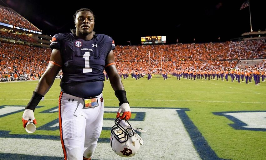 Sep 3, 2016; Auburn, AL, USA; Auburn Tigers defensive tackle Montravius Adams (1) walks off the field at halftime against the Clemson Tigers during the first half at Jordan Hare Stadium. Mandatory Credit: Shanna Lockwood-USA TODAY Sports