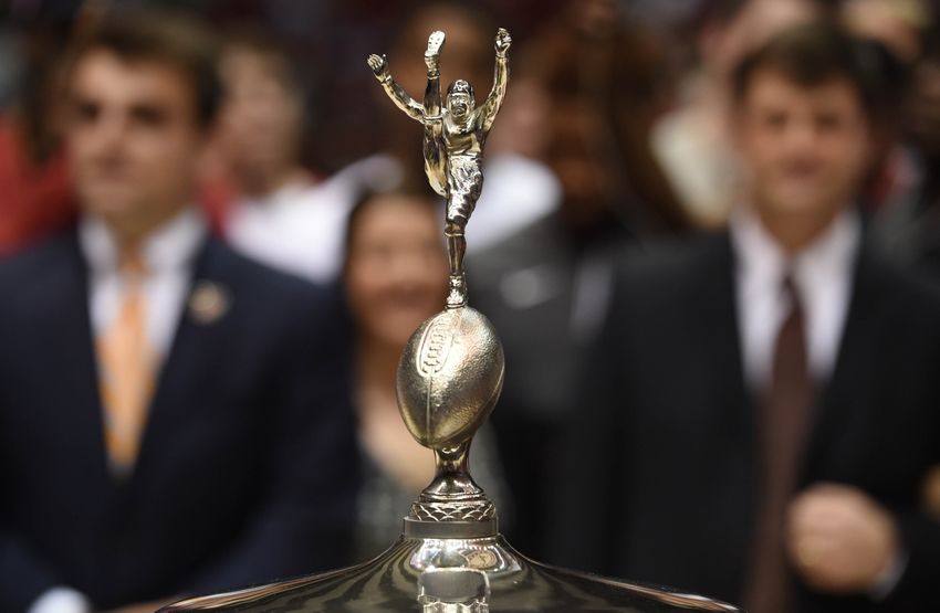 Feb 27, 2016; Tuscaloosa, AL, USA; View of the trophy as Alabama Crimson Tide football head coach Nick Saban and his team accept it during halftime against the Auburn Tigers at Coleman Coliseum. Mandatory Credit: Shanna Lockwood-USA TODAY Sports