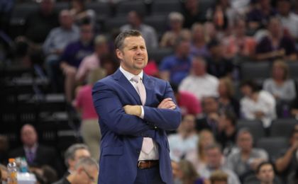 Oct 10, 2016; Sacramento, CA, USA; Sacramento Kings head coach David Joerger reacts to a play during the second quarter against Maccabi Haifa B.C. at Golden 1 Center. Mandatory Credit: Sergio Estrada-USA TODAY Sports