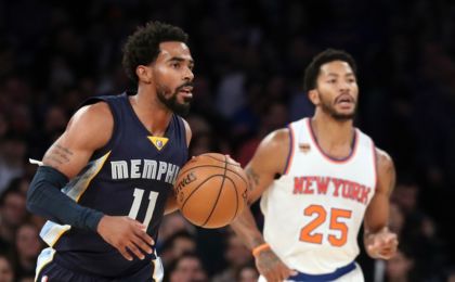 Oct 29, 2016; New York, NY, USA; Memphis Grizzlies guard Mike Conley (11) advances the ball during the first quarter against the New York Knicks at Madison Square Garden. Mandatory Credit: Anthony Gruppuso-USA TODAY Sports