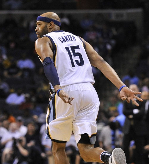 Nov 8, 2016; Memphis, TN, USA; Memphis Grizzlies guard Vince Carter (15) celebrates after scoring against the Denver Nuggets during the first half at FedExForum. Mandatory Credit: Justin Ford-USA TODAY Sports