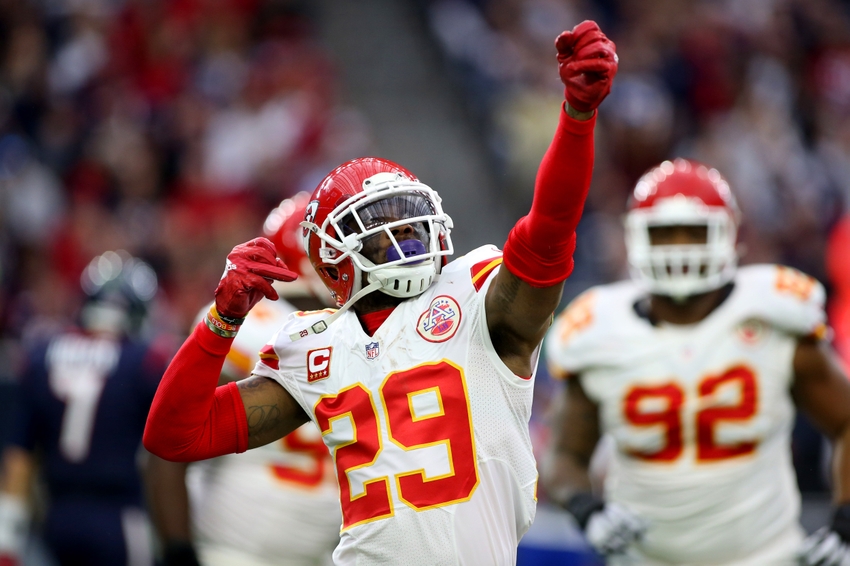 Jan 9, 2016; Houston, TX, USA; Kansas City Chiefs free safety Eric Berry (29) reacts after intercepting a pass against the Houston Texans during the first quarter in a AFC Wild Card playoff football game at NRG Stadium. Mandatory Credit: Troy Taormina-USA TODAY Sports