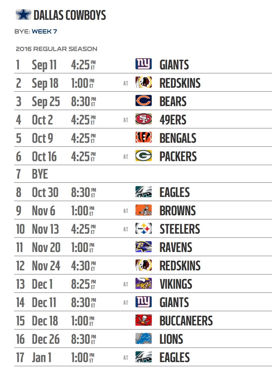 Dallas Cowboys’ 2016 NFL schedule released