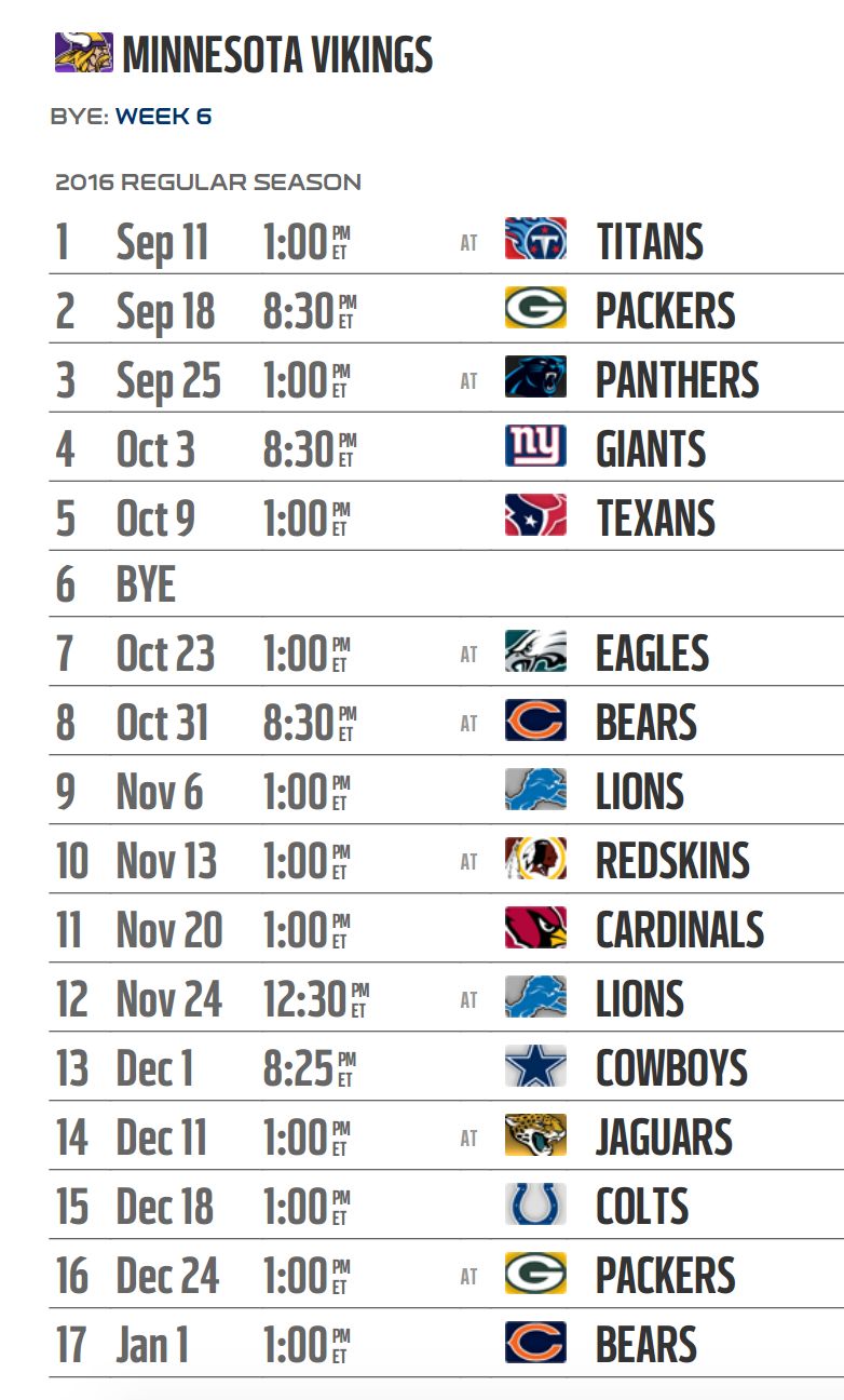 Minnesota Vikings’ 2016 NFL schedule released