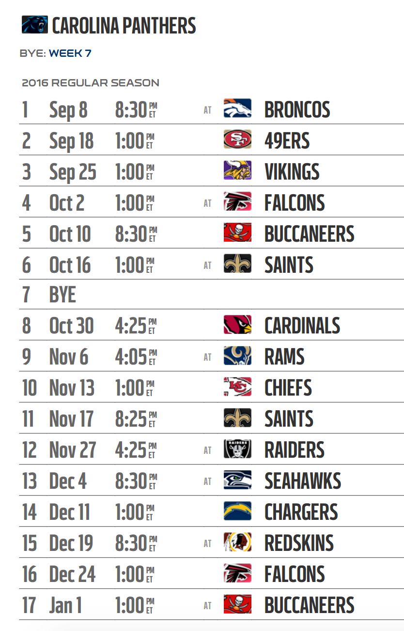 Carolina Panthers Printable Schedule