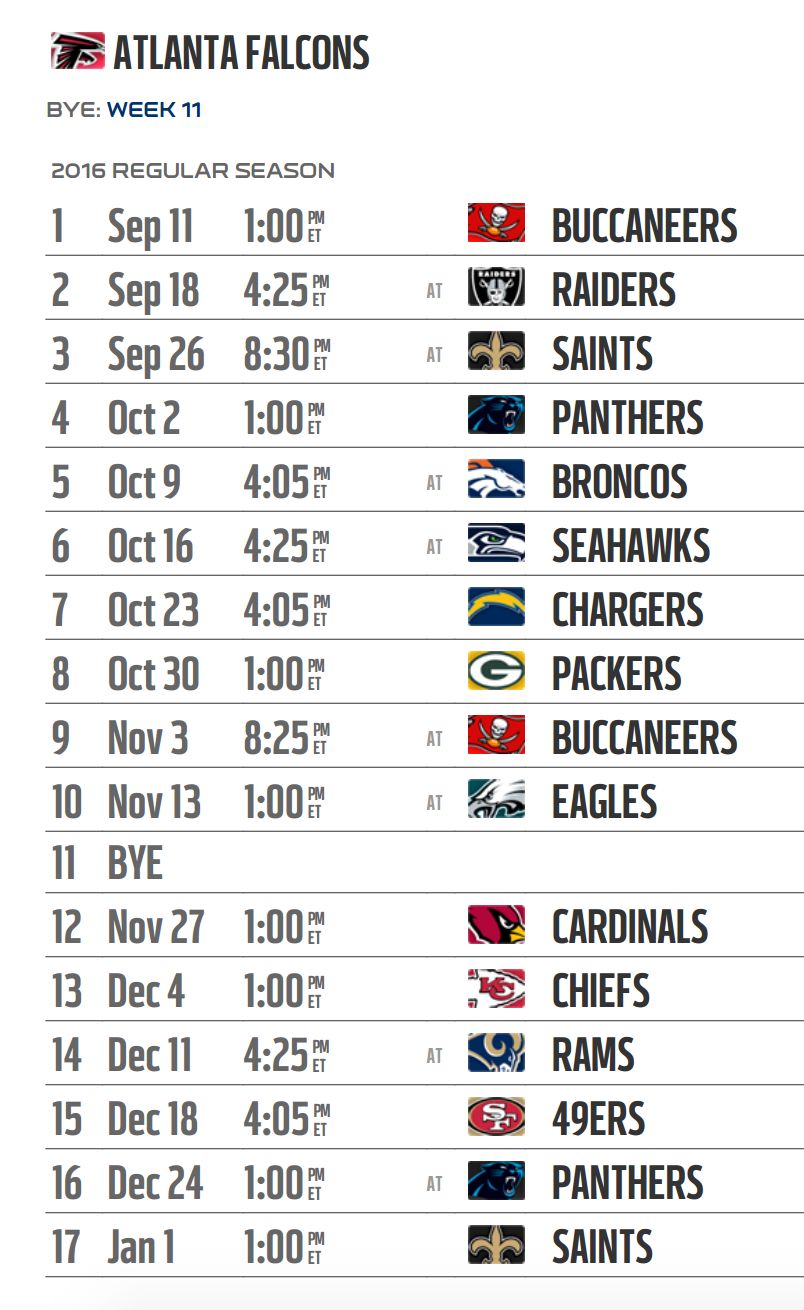 Atlanta Falcons Printable Schedule