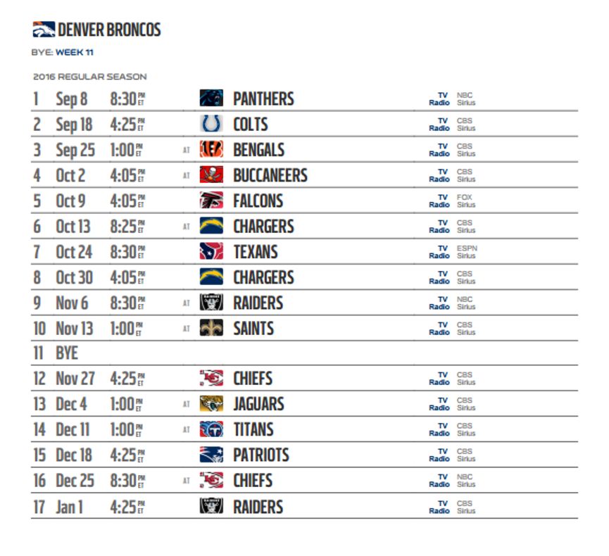 D/denver Broncos Football Schedule 2015 2016 Template Printable