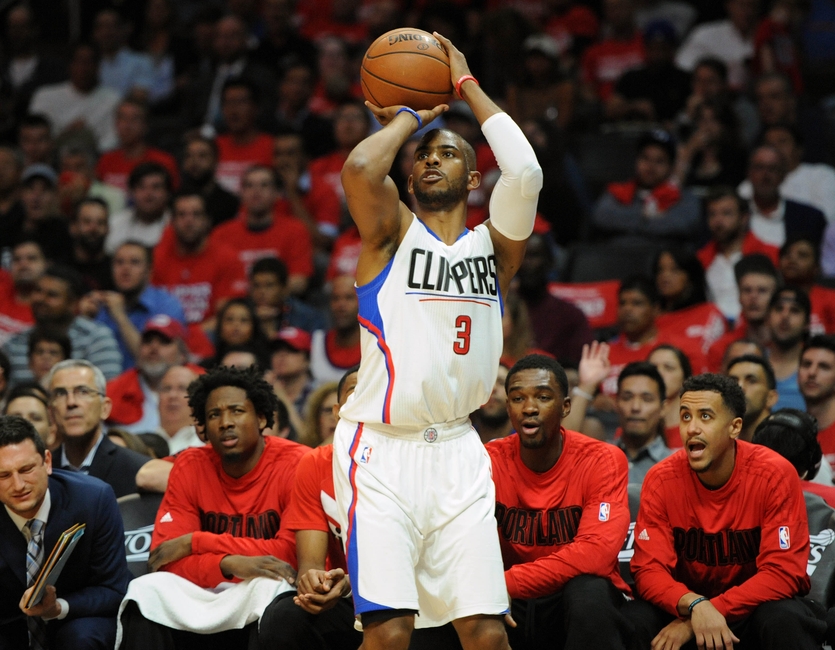 April 20, 2016; Los Angeles, CA, USA; Los Angeles Clippers guard Chris Paul (3) shoots a three point basket against Portland Trail Blazers during the second half at Staples Center. Mandatory Credit: Gary A. Vasquez-USA TODAY Sports