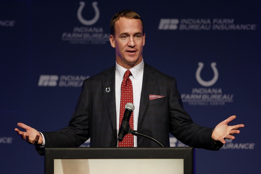 Mar 18, 2016; Indianapolis, IN, USA; Indianapolis Colts retired quarterback Peyton Manning speaks after he has his jersey is retired and a announcement is made that a statue will be built in his honor during in a press conference at Indiana Farm Bureau Football Center. Mandatory Credit: Brian Spurlock-USA TODAY Sports