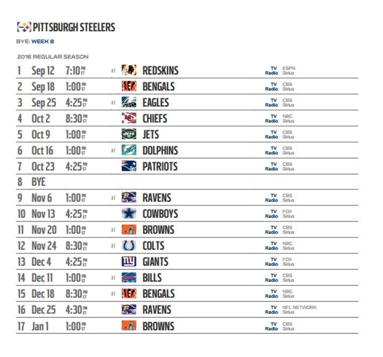 Pittsburgh Steelers' 2016 NFL schedule released