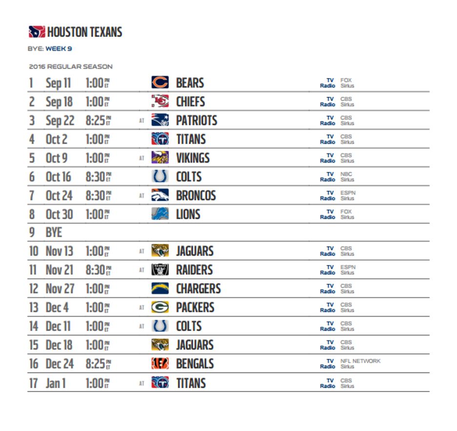 Houston Texans Printable Schedule