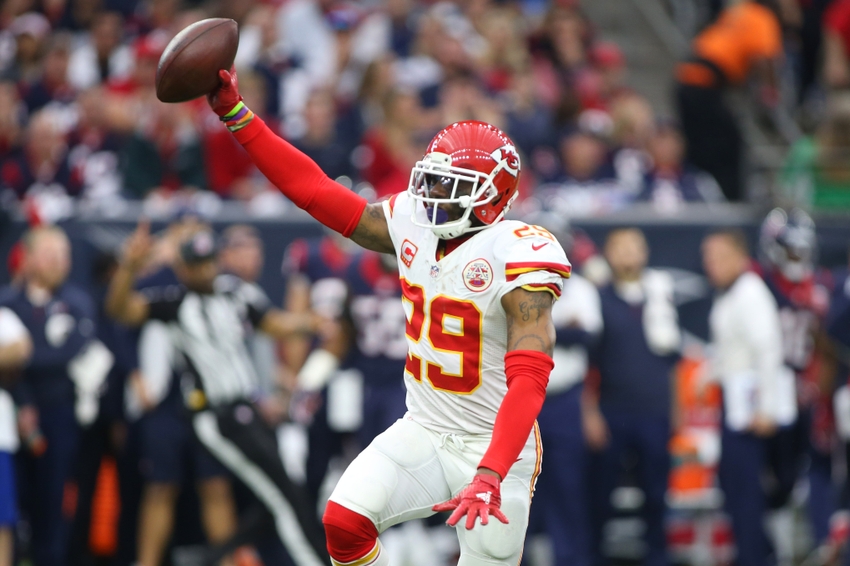 Jan 9, 2016; Houston, TX, USA; Kansas City Chiefs free safety Eric Berry (29) reacts after intercepting a pass against the Houston Texans during the first quarter in a AFC Wild Card playoff football game at NRG Stadium. Mandatory Credit: Troy Taormina-USA TODAY Sports