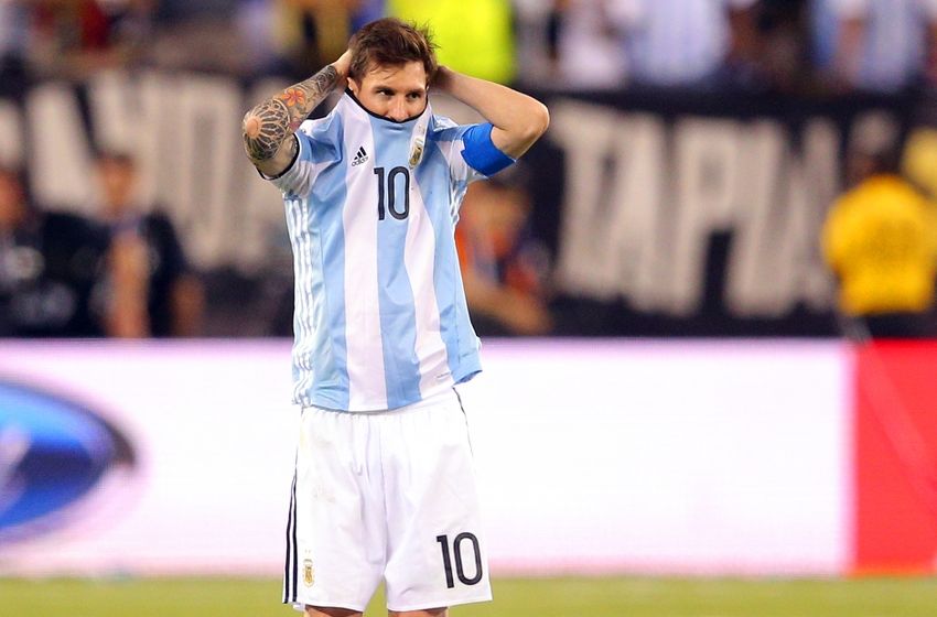 Jun 26, 2016; East Rutherford, NJ, USA; Argentina midfielder Lionel Messi (10) reacts during penalty kicks during the championship match of the 2016 Copa America Centenario soccer tournament against Chile at MetLife Stadium. Chile defeated Argentina 0-0 (4-2). Mandatory Credit: Brad Penner-USA TODAY Sports