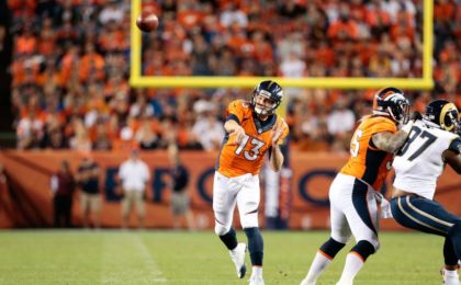 Aug 27, 2016; Denver, CO, USA; Denver Broncos quarterback Trevor Siemian (13) makes a pass attempt in the second quarter against the Los Angeles Rams at Sports Authority Field at Mile High. Mandatory Credit: Isaiah J. Downing-USA TODAY Sports