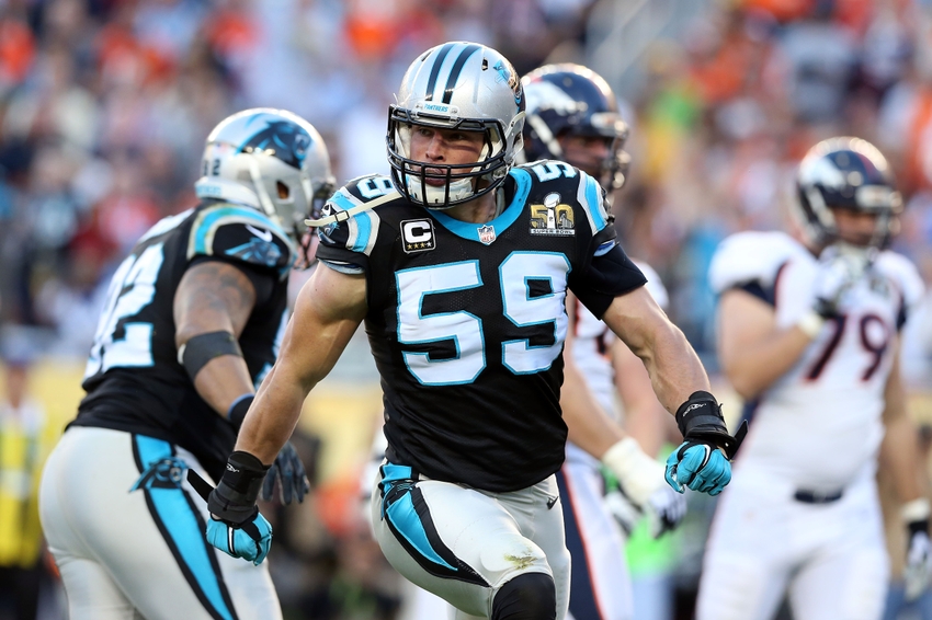 Feb 7, 2016; Santa Clara, CA, USA; Carolina Panthers middle linebacker Luke Kuechly (59) reacts after a play during the second quarter against the Denver Broncos in Super Bowl 50 at Levi's Stadium. Mandatory Credit: Matthew Emmons-USA TODAY Sports