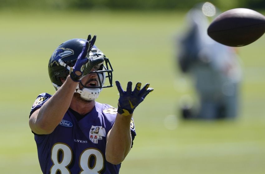 Jun 14, 2016; Baltimore, MD, USA; Baltimore Ravens tight end Dennis Pitta (88) catches a pass during the first day of minicamp sessions at Under Armour Performance Center. Mandatory Credit: Tommy Gilligan-USA TODAY Sports