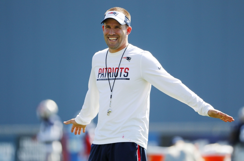 Jul 30, 2016; Foxborough, MA, USA; New England Patriots offensive coordinator Josh McDaniels smiles during training camp at Gillette Stadium. Mandatory Credit: Winslow Townson-USA TODAY Sports
