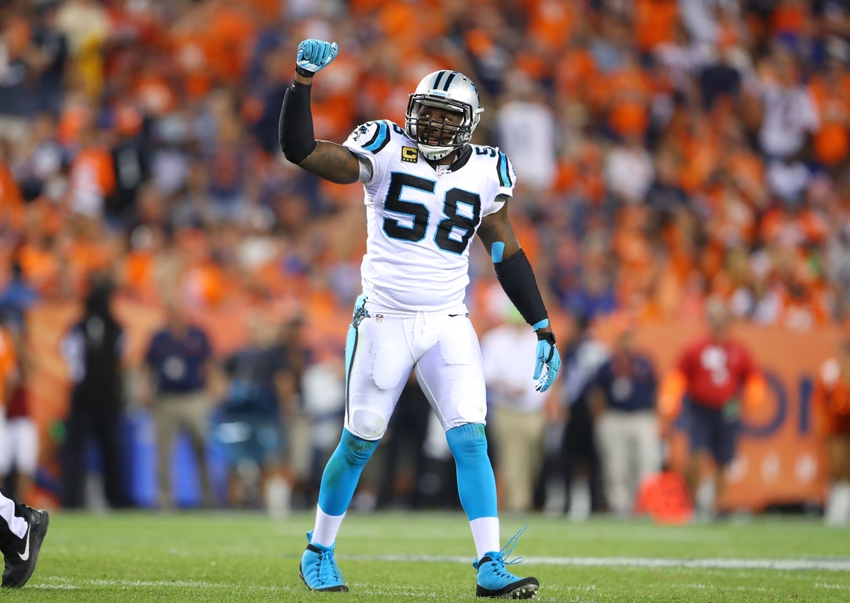 Sep 8, 2016; Denver, CO, USA; Carolina Panthers linebacker Thomas Davis (58) celebrates a turnover against the Denver Broncos at Sports Authority Field at Mile High. The Broncos defeated the Panthers 21-20. Mandatory Credit: Mark J. Rebilas-USA TODAY Sports
