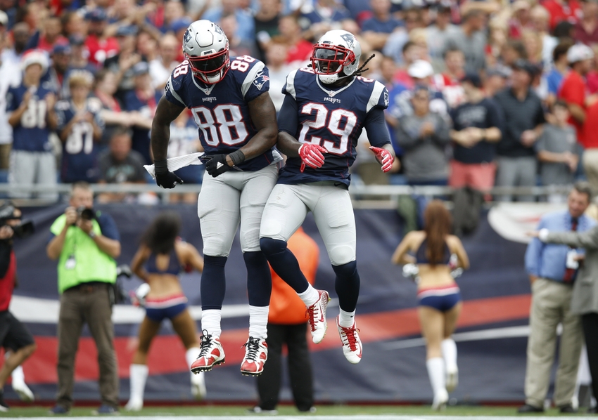 New England Patriots tight end Martellus Bennett (88) and running back LeGarrette Blount (29) celebrate after scoring one of his league-leading rushing touchdowns this season. Blount was obtained free off the waiver wire, while Bennett was obtained this past off-season, also not via the draft. His veteran skills have helped cope with the loss of star tight end Rob Gronkowski.