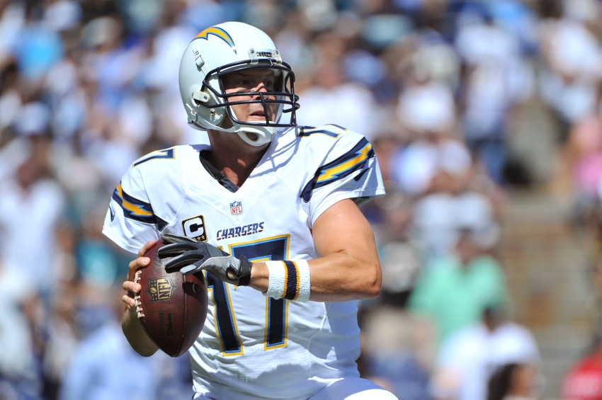 Sep 18, 2016; San Diego, CA, USA; San Diego Chargers quarterback Philip Rivers (17) looks downfield during the first quarter of the game against the Jacksonville Jaguars at Qualcomm Stadium. Mandatory Credit: Orlando Ramirez-USA TODAY Sports