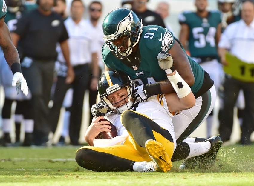Sep 25, 2016; Philadelphia, PA, USA; Philadelphia Eagles defensive tackle Fletcher Cox (91) tackles Pittsburgh Steelers quarterback Ben Roethlisberger (7) during the second quarter at Lincoln Financial Field. Mandatory Credit: Eric Hartline-USA TODAY Sports