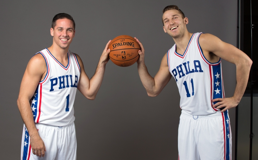 Sep 26, 2016; Philadelphia, PA, USA; Philadelphia 76ers guard T.J. McConnell (1) and guard Nik Stauskas (11) during media day at the Philadelphia 76ers Training Complex. Mandatory Credit: Bill Streicher-USA TODAY Sports