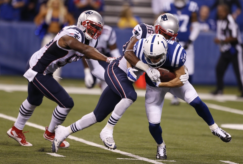 Oct 18, 2015; Indianapolis, IN, USA; Indianapolis Colts wide receiver Griff Whalen (17) is tackled by New England Patriots defensive back Brandon King (36) during the NFL game at Lucas Oil Stadium. Mandatory Credit: Brian Spurlock-USA TODAY Sports