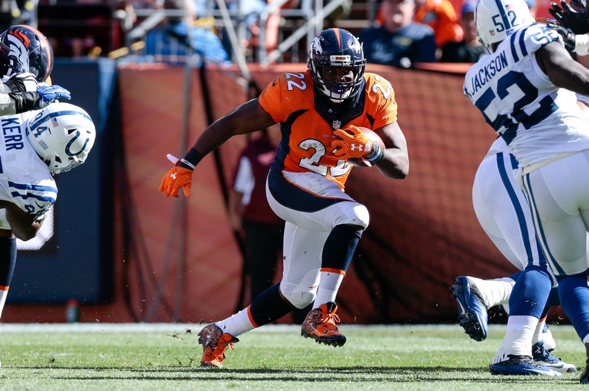 Sep 18, 2016; Denver, CO, USA; Denver Broncos running back C.J. Anderson (22) runs the ball in the second quarter against the Indianapolis Colts at Sports Authority Field at Mile High. Mandatory Credit: Isaiah J. Downing-USA TODAY Sports
