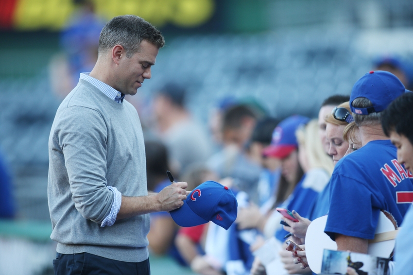 Sep 28, 2016; Pittsburgh, PA, USA; Chicago Cubs general manager Theo Epstein signs autographs before the Cubs game against the Pittsburgh Pirates at PNC Park. Mandatory Credit: Charles LeClaire-USA TODAY Sports
