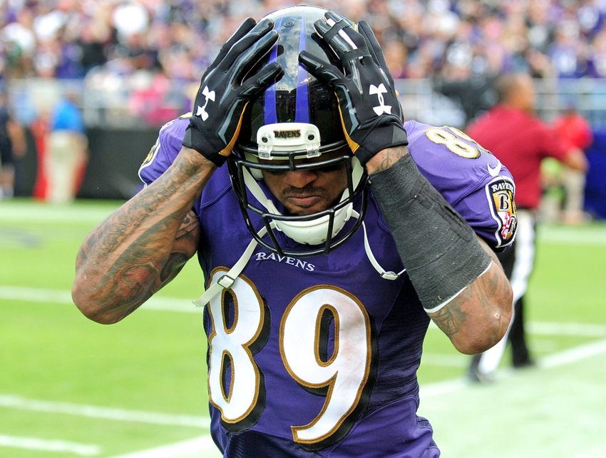 Oct 2, 2016; Baltimore, MD, USA; Baltimore Ravens wide receiver Steve Smith, Sr. (89) reacts after scoring a touchdown in the fourth quarter against the Oakland Raiders at M&T Bank Stadium. Mandatory Credit: Evan Habeeb-USA TODAY Sports