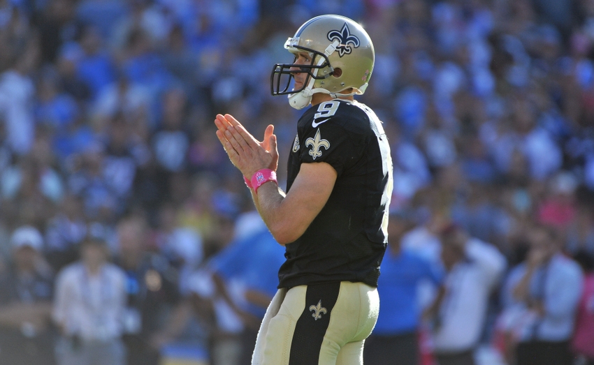 Oct 2, 2016; San Diego, CA, USA; New Orleans Saints quarterback Drew Brees (9) looks on during a pause in play during the fourth quarter in the game against the San Diego Chargers at Qualcomm Stadium. New Orleans won 35-34. Mandatory Credit: Orlando Ramirez-USA TODAY Sports