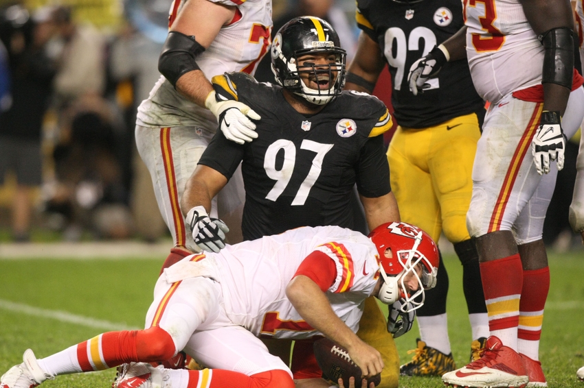 Oct 2, 2016; Pittsburgh, PA, USA; Pittsburgh Steelers defensive end Cameron Heyward (97) celebrates his sack of Kansas City Chiefs quarterback Alex Smith (11) during the second half at Heinz Field. The Steelers won the game, 43-14. Mandatory Credit: Jason Bridge-USA TODAY Sports