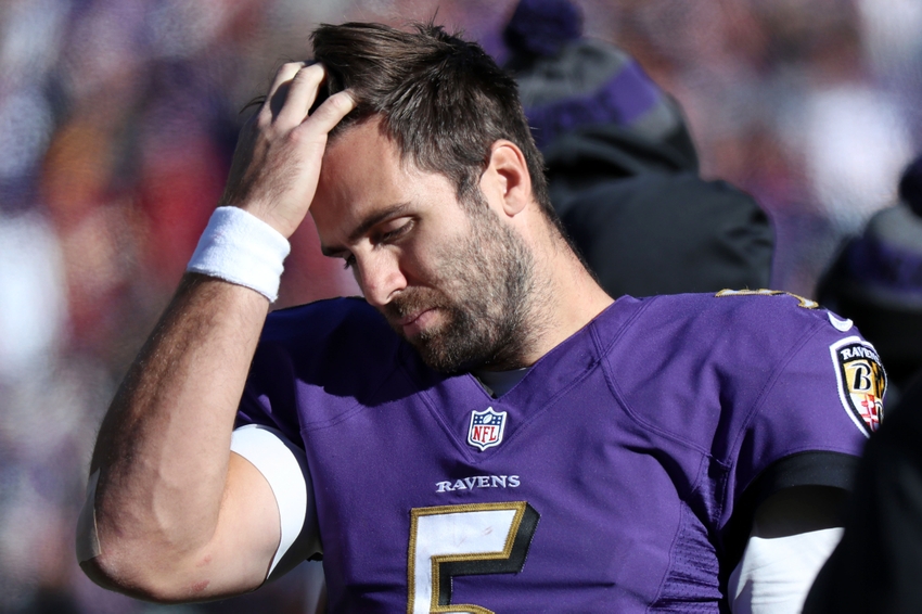 Oct 9, 2016; Baltimore, MD, USA; Baltimore Ravens quarterback Joe Flacco (5) reacts on the sideline during the game against the Washington Redskins at M&T Bank Stadium. Mandatory Credit: Mitch Stringer-USA TODAY Sports