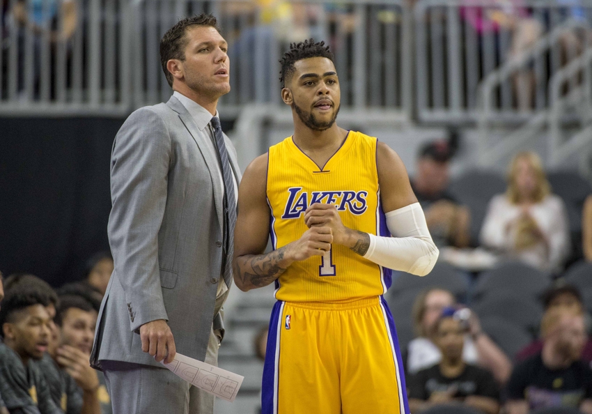 Oct 13, 2016; Las Vegas, NV, USA; Los Angeles Lakers head coach Luke Walton talks with Los Angeles Lakers guard D'Angelo Russell (1) while playing against the Sacramento Kings during the first quarter at T-Mobile Arena. Mandatory Credit: Joshua Dahl-USA TODAY Sports