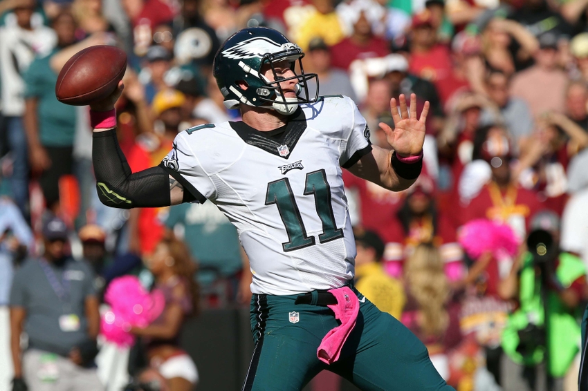 Oct 16, 2016; Landover, MD, USA; Philadelphia Eagles quarterback Carson Wentz (11) throws the ball against the Washington Redskins in the third quarter at FedEx Field. The Redskins won 27-20. Mandatory Credit: Geoff Burke-USA TODAY Sports