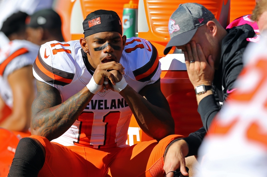 Oct 23, 2016; Cincinnati, OH, USA; Cleveland Browns wide receiver Terrelle Pryor (11) reacts on the sidelines against the Cincinnati Bengals in the second half at Paul Brown Stadium. The Bengals won 31-17. Mandatory Credit: Aaron Doster-USA TODAY Sports