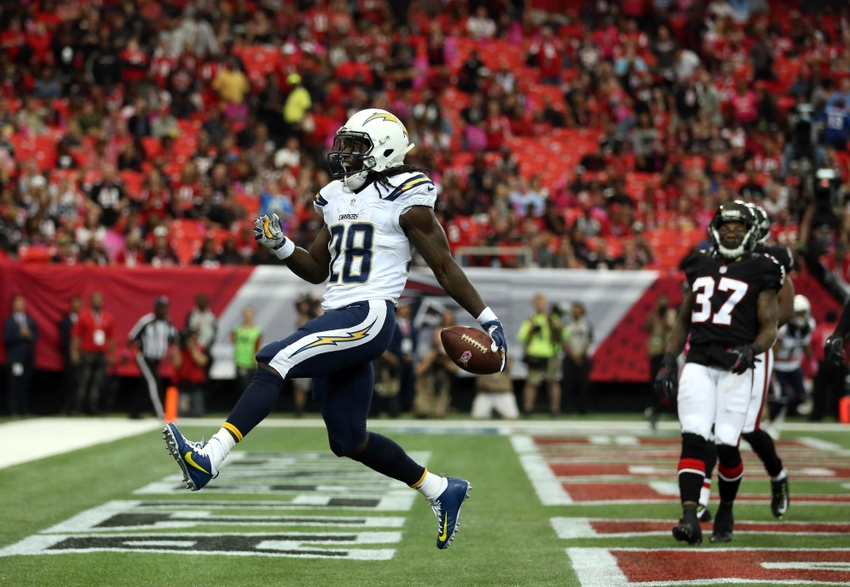 Oct 23, 2016; Atlanta, GA, USA; San Diego Chargers running back Melvin Gordon (28) celebrates after he scored a rushing touchdown in the first quarter of their game against the Atlanta Falcons at Georgia Dome. Mandatory Credit: Jason Getz-USA TODAY Sports