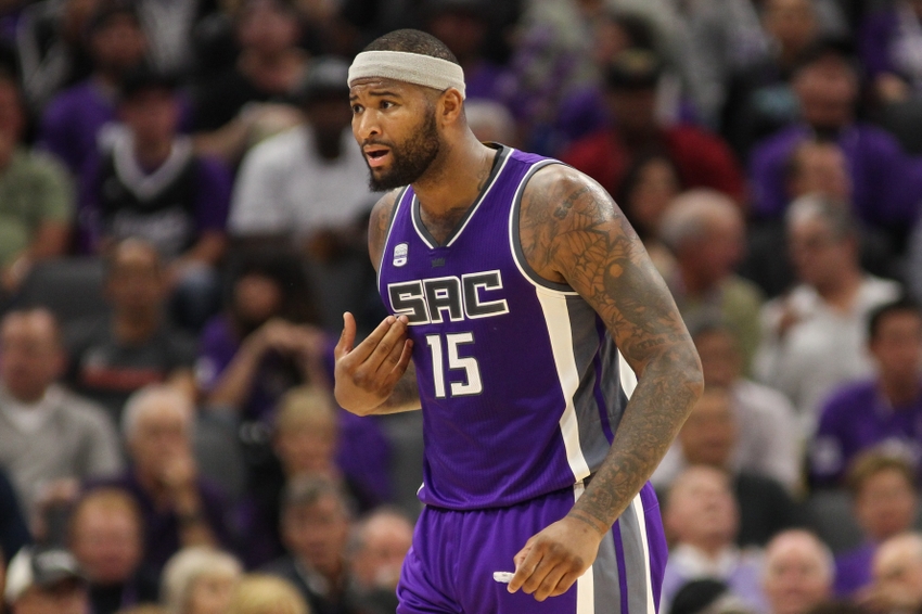 Oct 27, 2016; Sacramento, CA, USA; Sacramento Kings center DeMarcus Cousins (15) reacts during the second quarter against the San Antonio Spurs at Golden 1 Center. Mandatory Credit: Sergio Estrada-USA TODAY Sports