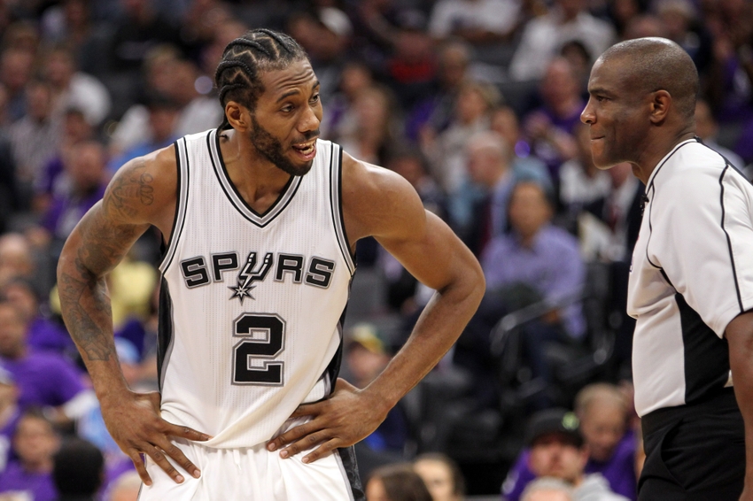 Oct 27, 2016; Sacramento, CA, USA; San Antonio Spurs forward Kawhi Leonard (2) reacts to a play against the Sacramento Kings during the fourth quarter at Golden 1 Center. The Spurs won the game 102-94. Mandatory Credit: Sergio Estrada-USA TODAY Sports