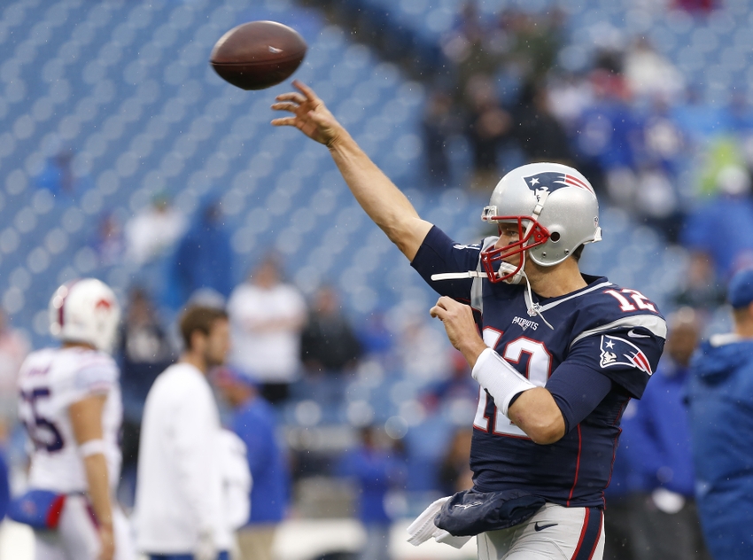 Oct 30, 2016; Orchard Park, NY, USA; New England Patriots quarterback Tom Brady (12) throws a pass before the game against the Buffalo Bills at New Era Field. Mandatory Credit: Kevin Hoffman-USA TODAY Sports