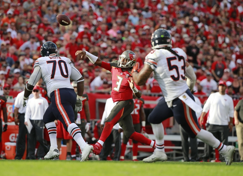 Dec 27, 2015; Tampa, FL, USA; Tampa Bay Buccaneers quarterback Jameis Winston (3) throws the ball against the Chicago Bears during the second half at Raymond James Stadium. Chicago Bears defeated the Tampa Bay Buccaneers 26-21. Mandatory Credit: Kim Klement-USA TODAY Sports