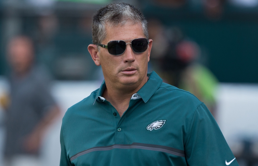 Aug 11, 2016; Philadelphia, PA, USA; Philadelphia Eagles defensive coordinator Jim Schwartz prior to action against the Tampa Bay Buccaneers at Lincoln Financial Field. Mandatory Credit: Bill Streicher-USA TODAY Sports