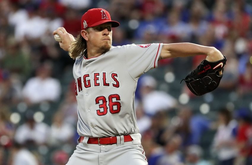 Sep 21, 2016; Arlington, TX, USA; Los Angeles Angels starting pitcher Jered Weaver (36) throws during the first inning against the Texas Rangers at Globe Life Park in Arlington. Mandatory Credit: Kevin Jairaj-USA TODAY Sports