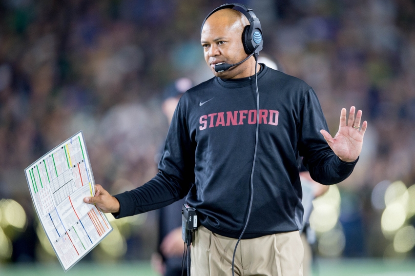 Oct 15, 2016; South Bend, IN, USA; Stanford Cardinal head coach David Shaw gestures from the sidelines in the first quarter against the Notre Dame Fighting Irish at Notre Dame Stadium. Mandatory Credit: Matt Cashore-USA TODAY Sports
