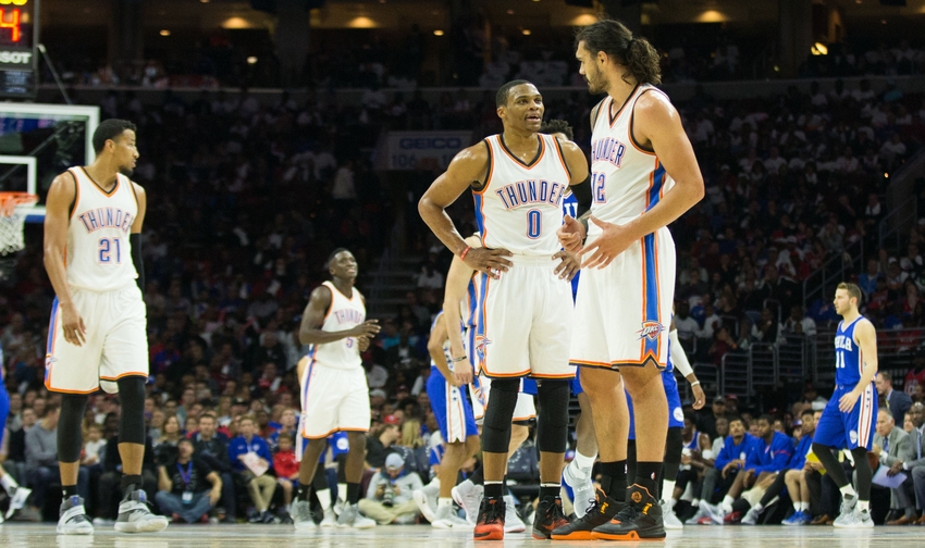 Oct 26, 2016; Philadelphia, PA, USA; Oklahoma City Thunder guard Russell Westbrook (0) talks with center Steven Adams (12) during a break in the second half Philadelphia 76ers at Wells Fargo Center. The Oklahoma City Thunder won 103-97. Mandatory Credit: Bill Streicher-USA TODAY Sports